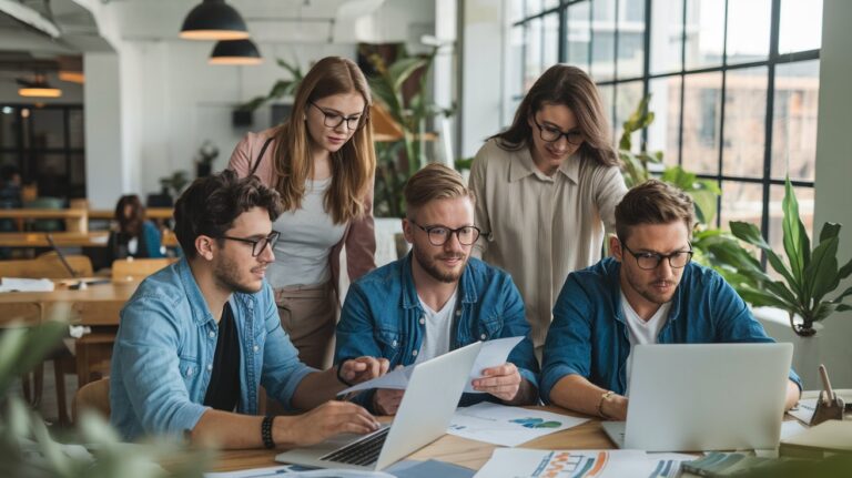 a group of people looking at a laptop