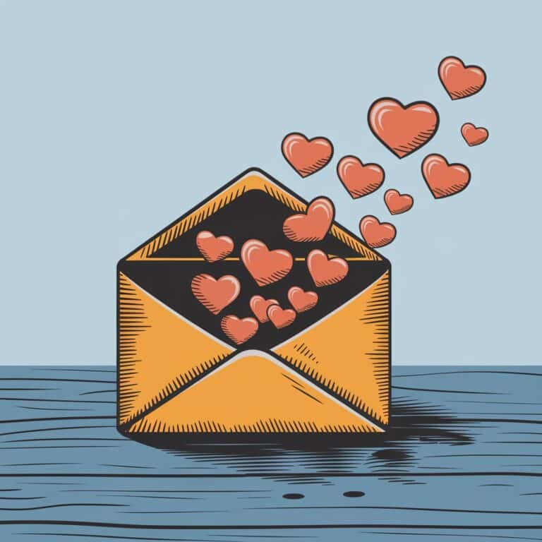 a yellow envelope with hearts coming out of it